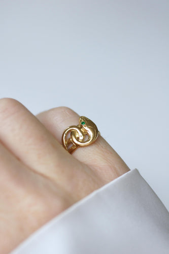 Bague 48 Bague ancienne serpent enroulé, émeraudes, or jaune 18 carats 58 Facettes