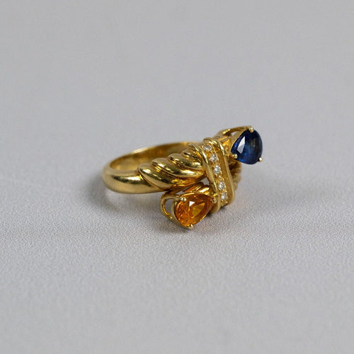 Bague 54 Bague Toi et Moi vintage en or jaune 18 carats, saphirs et diamants 58 Facettes