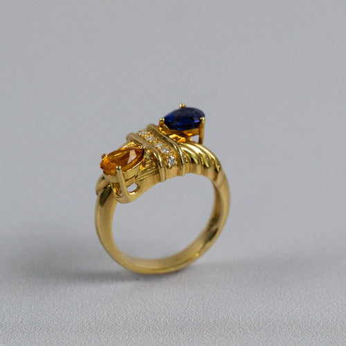 Bague 54 Bague Toi et Moi vintage en or jaune 18 carats, saphirs et diamants 58 Facettes