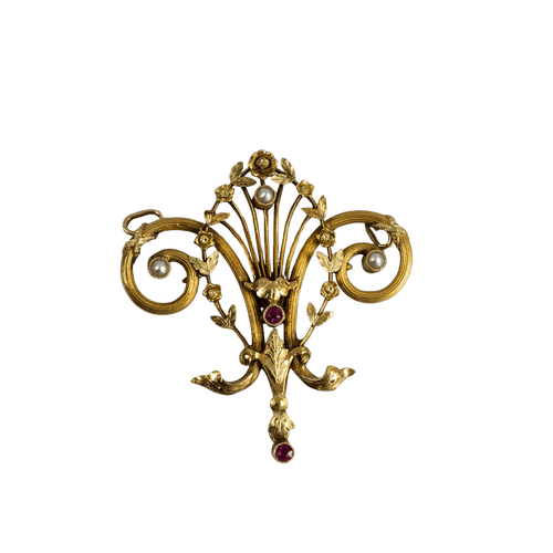 Pendentif Pendentif ancien victorien en or jaune 18 carats, perles et rubis 58 Facettes