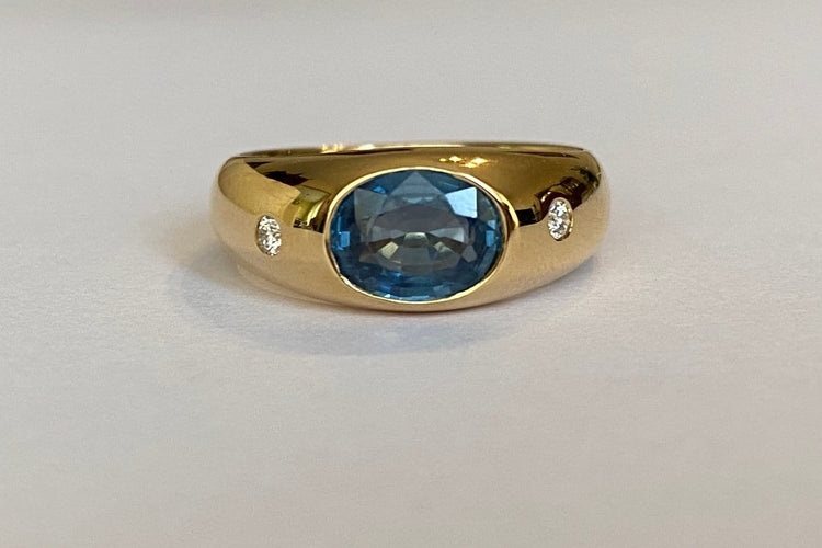Bague 60 Bague pour homme en or jaune 18k avec saphir bleu et diamants 58 Facettes ring