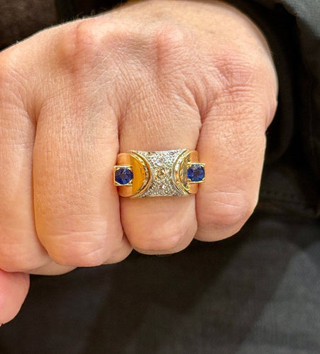 Bague 58 Bague Tank ancienne en or bicolore 18 carats, saphirs et diamants 58 Facettes 90699