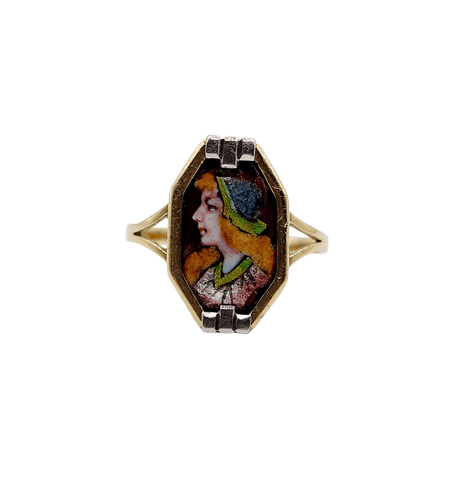 Bague 54 Art déco de Limoges - Bague en or 18k avec plaque émaillée au profil féminin 58 Facettes A08126