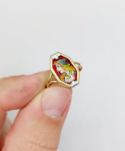 Bague 54 Art déco de Limoges - Bague en or 18k avec plaque émaillée au profil féminin 58 Facettes A08126