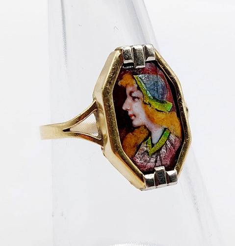 Bague 54 Art déco de Limoges - Bague en or 18k avec plaque émaillée au profil féminin 58 Facettes A08126