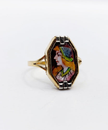 Bague 54 Art déco de Limoges - Bague en or 18k avec plaque émaillée au profil féminin 58 Facettes A08126