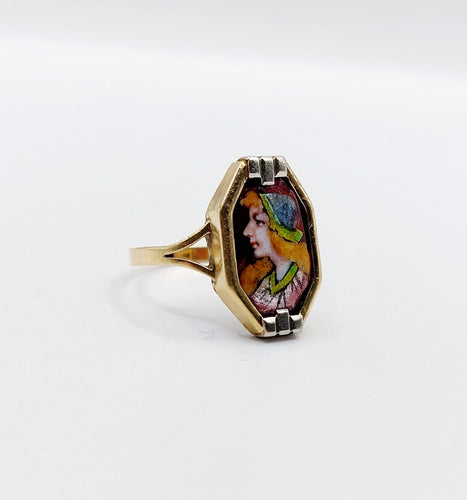 Bague 54 Art déco de Limoges - Bague en or 18k avec plaque émaillée au profil féminin 58 Facettes A08126