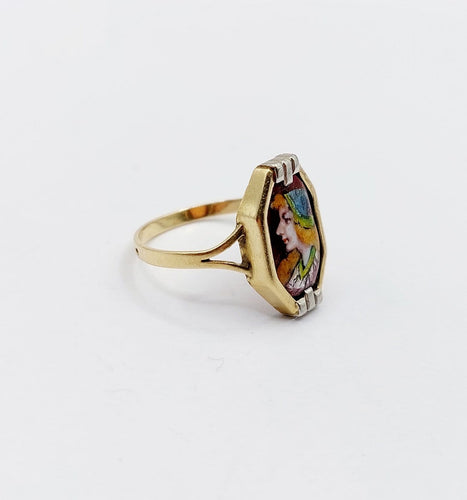 Bague 54 Art déco de Limoges - Bague en or 18k avec plaque émaillée au profil féminin 58 Facettes A08126