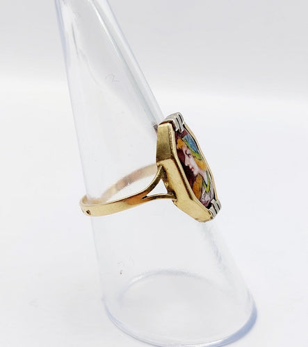 Bague 54 Art déco de Limoges - Bague en or 18k avec plaque émaillée au profil féminin 58 Facettes A08126