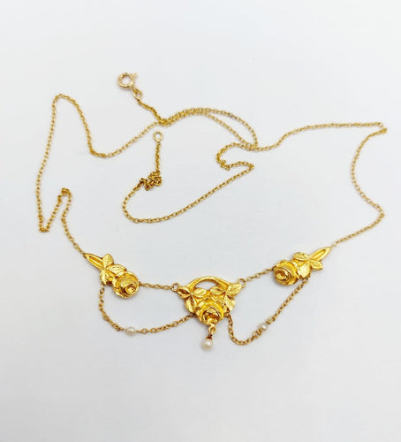 Collier Art nouveau - Collier en or 18k, fleurs et perles, vers 1910 58 Facettes A08131