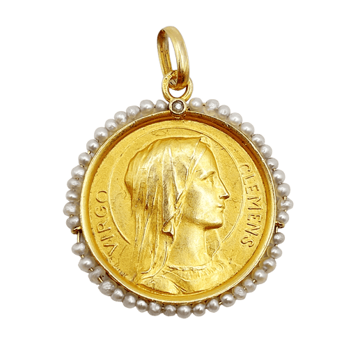 Pendentif Médaille religieuse en or 18k, Vierge Marie et perles, vers 1900, signée Émile Dropsy 58 Facettes A08136