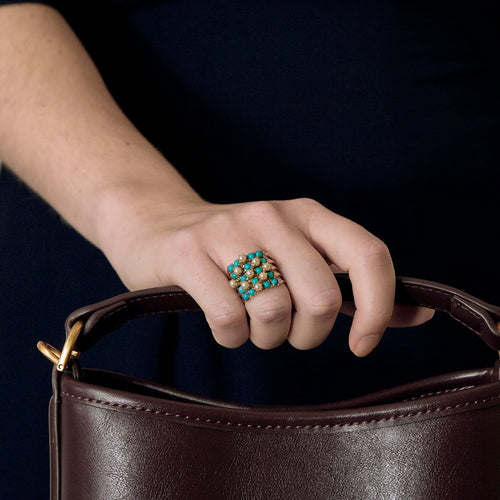Bague 52 Bague ancienne amovible en or rose 14k, turquoises et perles 58 Facettes BG14kturquoise/perle