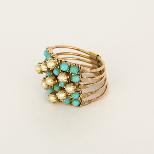Bague 52 Bague ancienne amovible en or rose 14k, turquoises et perles 58 Facettes BG14kturquoise/perle