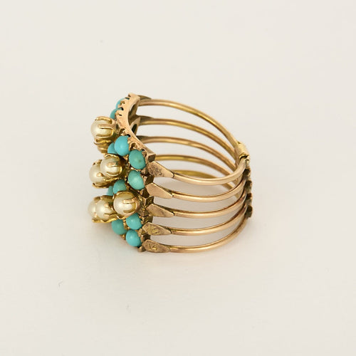 Bague 52 Bague ancienne amovible en or rose 14k, turquoises et perles 58 Facettes BG14kturquoise/perle