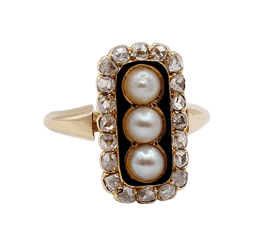 Bague 46.5 Bague marquise victorienne en or rose 18k, perles, diamants et émail 58 Facettes A08141