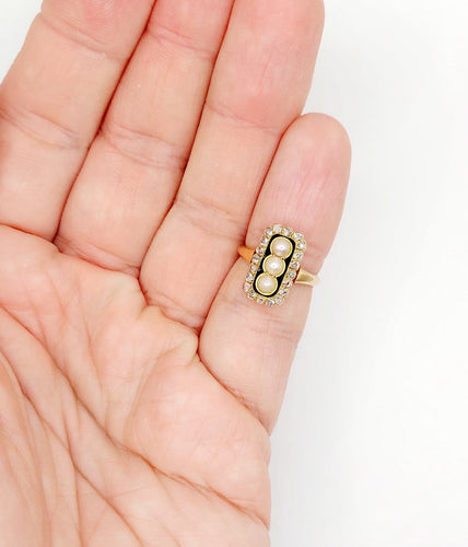 Bague 46.5 Bague marquise victorienne en or rose 18k, perles, diamants et émail 58 Facettes A08141