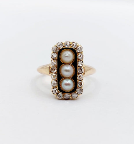 Bague 46.5 Bague marquise victorienne en or rose 18k, perles, diamants et émail 58 Facettes A08141