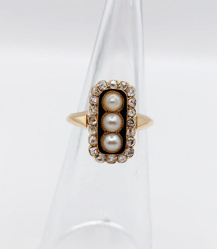 Bague 46.5 Bague marquise victorienne en or rose 18k, perles, diamants et émail 58 Facettes A08141