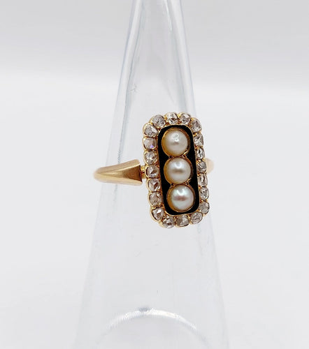 Bague 46.5 Bague marquise victorienne en or rose 18k, perles, diamants et émail 58 Facettes A08141