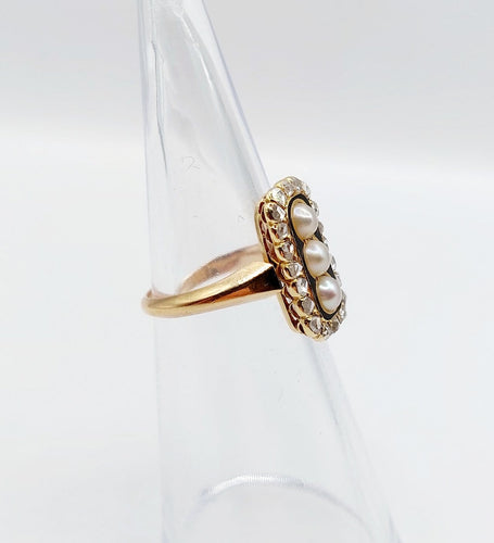 Bague 46.5 Bague marquise victorienne en or rose 18k, perles, diamants et émail 58 Facettes A08141
