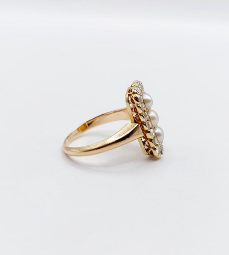 Bague 46.5 Bague marquise victorienne en or rose 18k, perles, diamants et émail 58 Facettes A08141