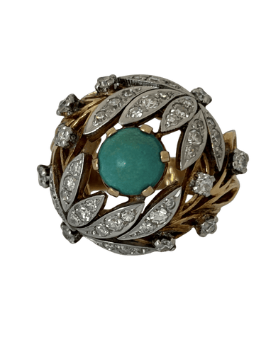 Bague 49 Bague dôme en or jaune 18k et platine, turquoise et diamants 58 Facettes LOT 7914