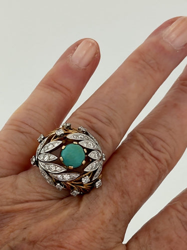 Bague 49 Bague dôme en or jaune 18k et platine, turquoise et diamants 58 Facettes LOT 7914