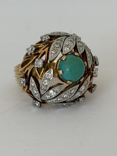 Bague 49 Bague dôme en or jaune 18k et platine, turquoise et diamants 58 Facettes LOT 7914