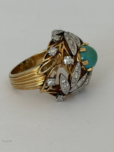 Bague 49 Bague dôme en or jaune 18k et platine, turquoise et diamants 58 Facettes LOT 7914