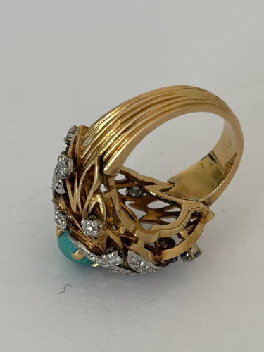 Bague 49 Bague dôme en or jaune 18k et platine, turquoise et diamants 58 Facettes LOT 7914
