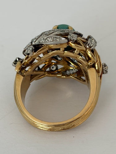 Bague 49 Bague dôme en or jaune 18k et platine, turquoise et diamants 58 Facettes LOT 7914