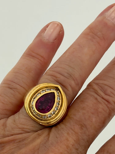 Bague 51 Bague en or jaune 18k, tourmaline rose taille poire et diamants 58 Facettes LOT 7912