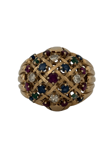 Bague 52 Bague dôme en or jaune 18k, rubis, saphirs, émeraudes et diamants 58 Facettes LOT 7906