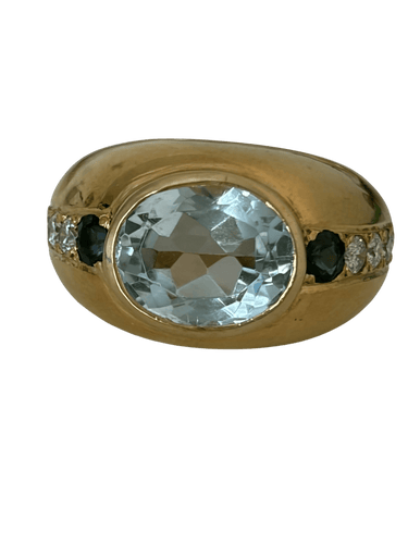 Bague 49 Bague jonc en or jaune 18k, aigue-marine, saphirs et diamants 58 Facettes LOT 7891