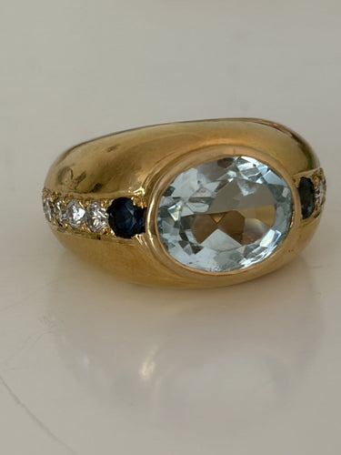 Bague 49 Bague jonc en or jaune 18k, aigue-marine, saphirs et diamants 58 Facettes LOT 7891