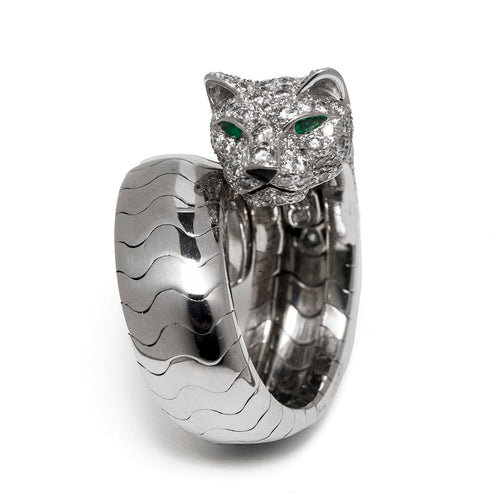 Bague 51.5 Cartier Panthère - Bague en or blanc 18 carats, diamants et émeraudes « Lakarda » 58 Facettes 2.18804