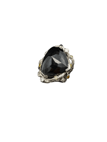 Bague 56 Bague cocktail en or blanc avec diamant noir et diamants de couleur 58 Facettes 740/26 E OC