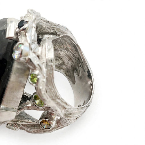 Bague 56 Bague cocktail en or blanc avec diamant noir et diamants de couleur 58 Facettes 740/26 E OC
