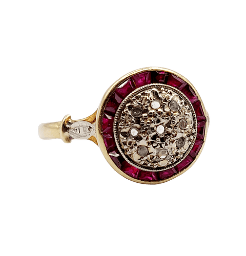 Bague 52 Bague cible Art déco en or 18k, diamant taille rose et rubis synthétiques calibrés 58 Facettes A07847