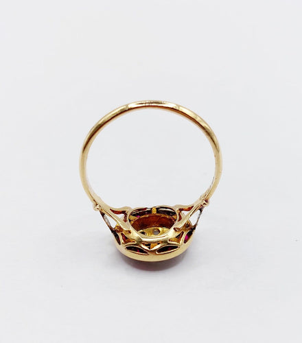 Bague 52 Bague cible Art déco en or 18k, diamant taille rose et rubis synthétiques calibrés 58 Facettes A07847