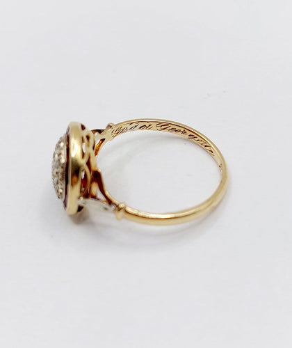 Bague 52 Bague cible Art déco en or 18k, diamant taille rose et rubis synthétiques calibrés 58 Facettes A07847