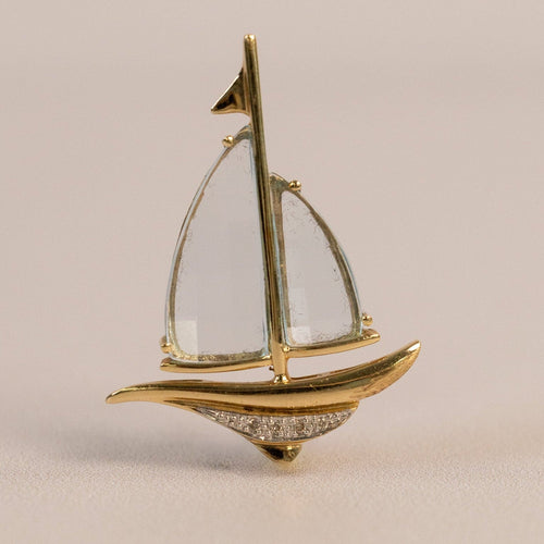 Pendentif voilier vintage en aigue-marine et or jaune 14k 58 Facettes