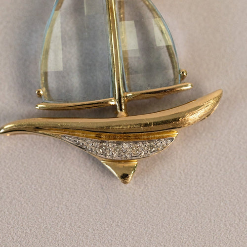Pendentif voilier vintage en aigue-marine et or jaune 14k 58 Facettes