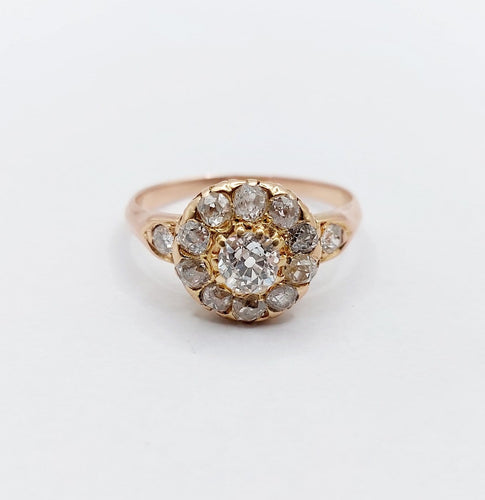 Bague marguerite ancienne en or rose 18k, diamants taille ancienne, vers 1900 58 Facettes A08005