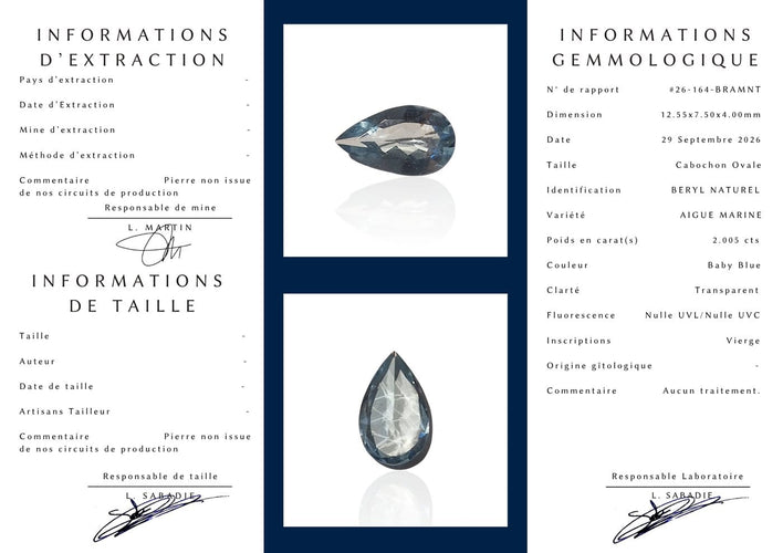 Aigue-marine naturelle - Pierre cabochon ovale, 2,005 ct 58 Facettes #26-164-BRAMNT