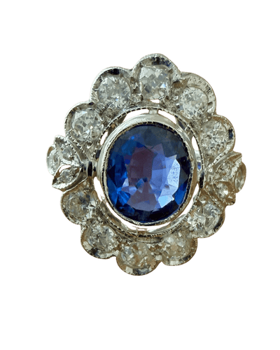 Bague Pompadour en or blanc 18 carats, saphir de Ceylan et diamants