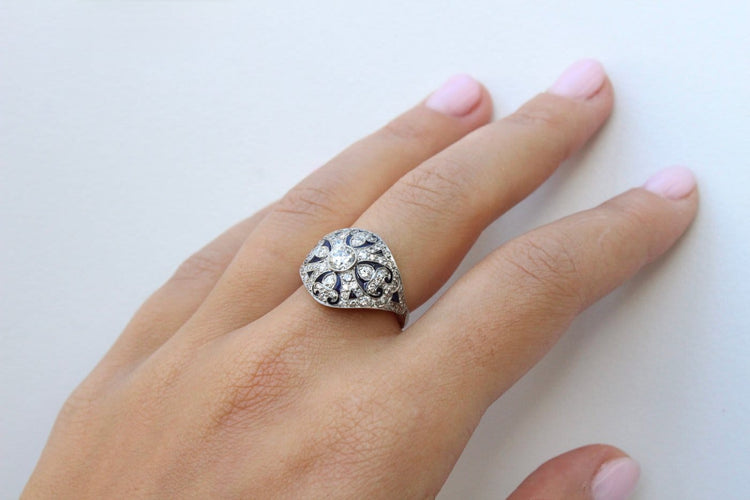 Bague 55 Bague de style Art déco en platine, diamants et émail 58 Facettes ANILLO 26