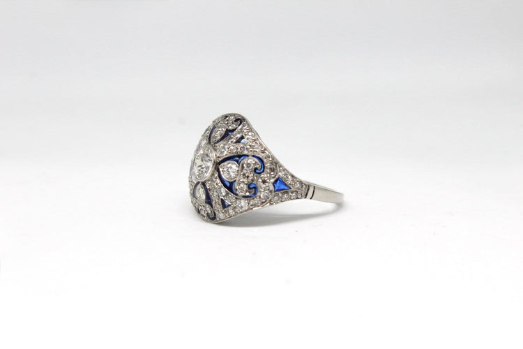 Bague 55 Bague de style Art déco en platine, diamants et émail 58 Facettes ANILLO 26