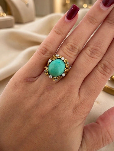 Bague 49 Bague cocktail des années 1960-1970 en or jaune 18 carats, turquoise et diamants 58 Facettes 632/26 A SHD