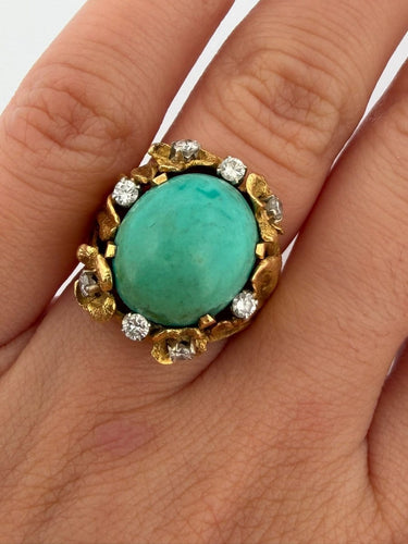 Bague 49 Bague cocktail des années 1960-1970 en or jaune 18 carats, turquoise et diamants 58 Facettes 632/26 A SHD